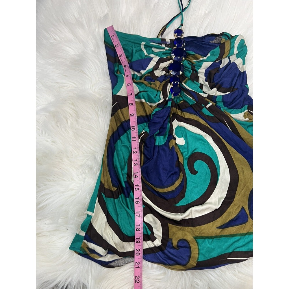Sky Silk Halter Top Blue Jewel Accents Resort Night Club Multicolor Swirl L - Picture 7 of 10